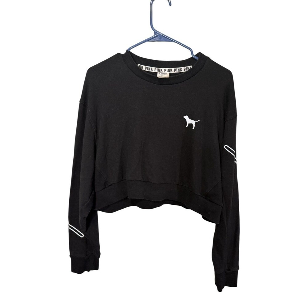 Victoria's Secret PINK Black Cropped Crewneck Sweatshirt Size Medium Dog Logo